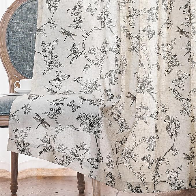 Black Floral Linen Curtains Farmhouse Rod Pocket 50W X 84L 2 Panels | Charlotte - Image 9