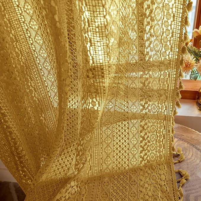 WAZZIO Boho Lace Curtains 84 Inches 2 Panel, Light Filtering Privacy Tassel & by WAZZIO