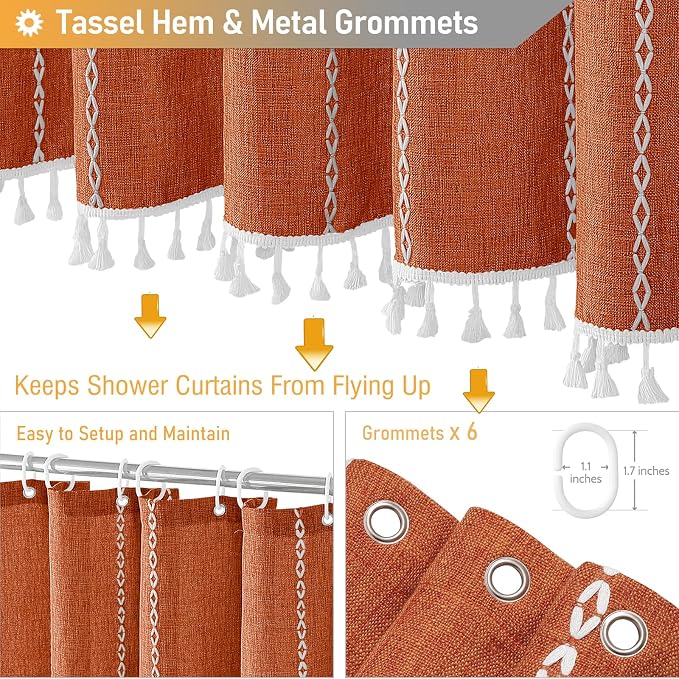 Small Boho Linen Heavy Duty Cloth Shower Curtain, Burnt Orange | Stall Size - Image 5
