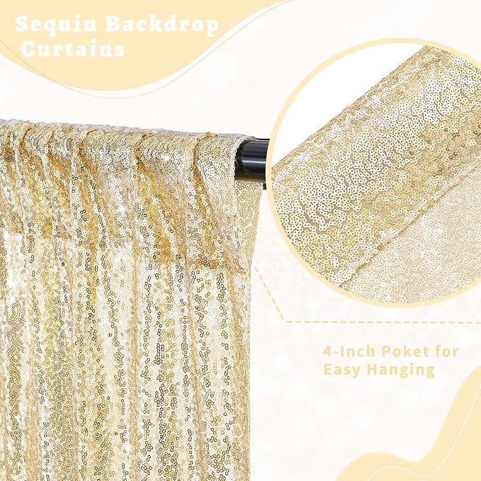 Light Gold Sequin Backdrop Curtains Party Glitter Drapes 2 Pcs 2FTx8FT | - Image 3