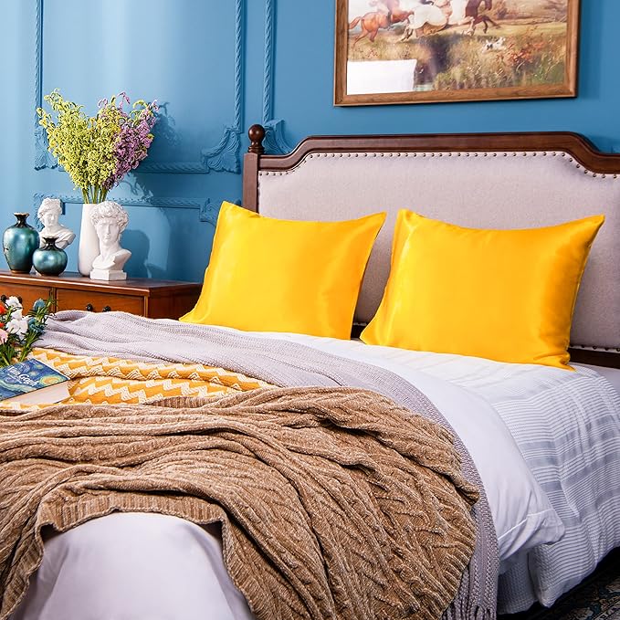 NTBAY 2 Pack Satin King Pillowcases for Hair and Skin, Luxurious and Silky Pillow Cases with Envelope Closure, 20x36 Inches, Yellow