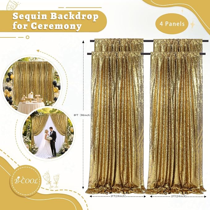 Black Gold Sequin Backdrop Curtains 4 Pcs 2ftx8ft Glitter Shimmer Fabric | - Image 4