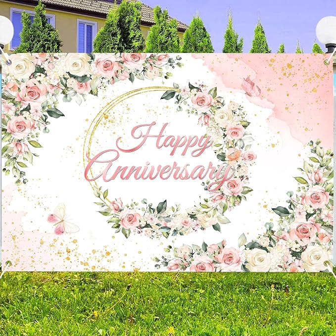 10x8 ft Floral Anniversary Backdrop Banner - Image 4