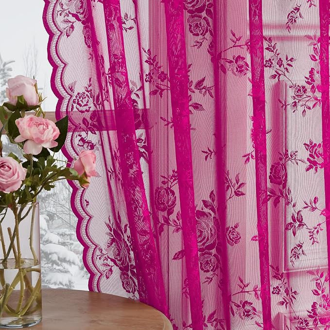 Raspberry Lace Curtains 90 Inches Long Rod Pocket Large Floral Sheer Lace - Image 4