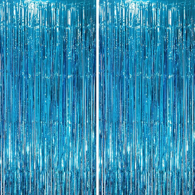 Voircoloria Retro Blue Foil Fringe Backdrop Curtains, 2 Pack | Tinsel Streamers by Voircoloria