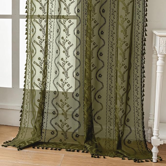 WAZZIO Boho Lace Curtains 2 Panels 63 Inch -Victorian Sheer Panel Drape French by WAZZIO