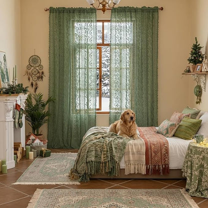 WAZZIO Boho Lace Curtains 2 Panels 84 Inches -Vintage Victorian Sheer Panel - Image 2