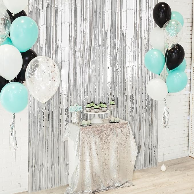 Crosize 2 Pack 3.3 x 9.9 ft Silver Foil Fringe Backdrop Curtain, Streamer - Image 5