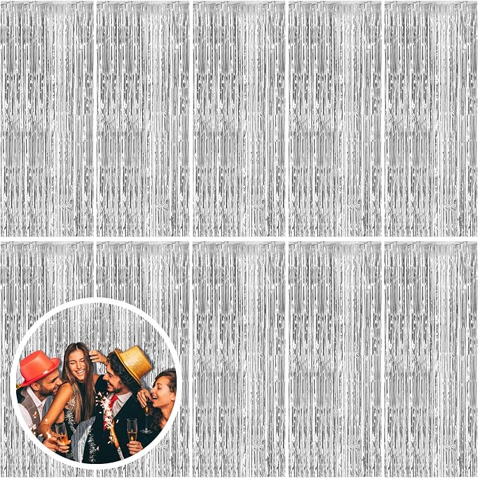 10 Pack Silver Backdrop Curtain Party Decorations Foil Fringe Backdrop Silver by BOMSI