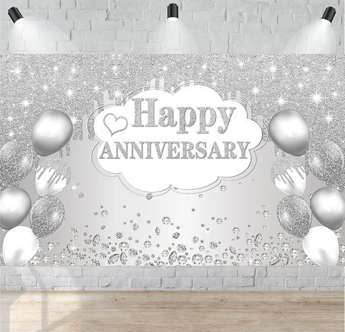 Silver Anniversary Banner, 10th-60th Wedding Anniversary Decorations, 72 x 44 by ONANNA