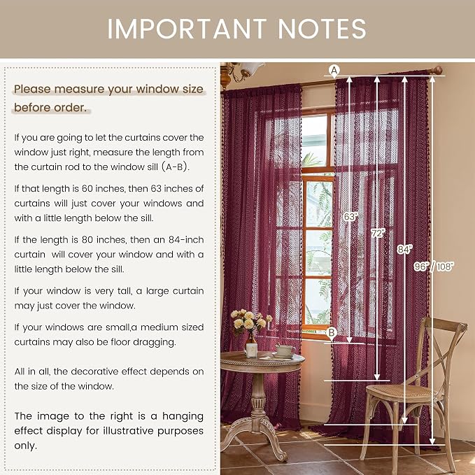 WAZZIO Boho Lace Curtains 63 Inches 2 Panel, Light Filtering Privacy Tassel & - Image 12