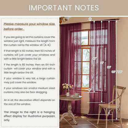WAZZIO Boho Lace Curtains 63 Inches 2 Panel, Light Filtering Privacy Tassel & - Image 12