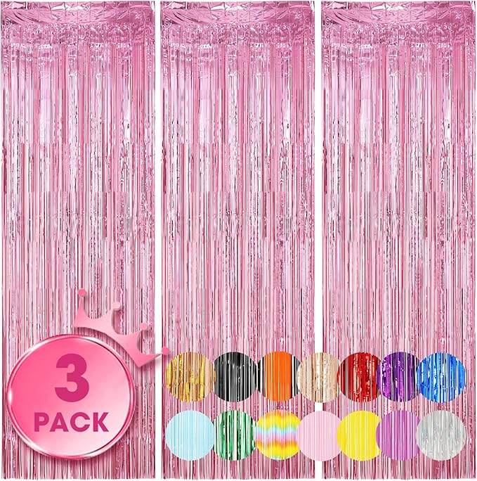 Voircoloria 3 Pack 3.3 x 8.2 ft Light Pink Foil Fringe Backdrop Curtains by Voircoloria