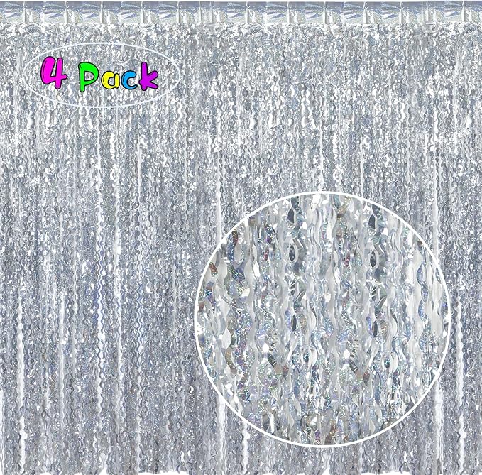 4 Pack 3.3 ft x 6.6 ft Silver Metallic Tinsel Foil Fringe Curtains - Image 2