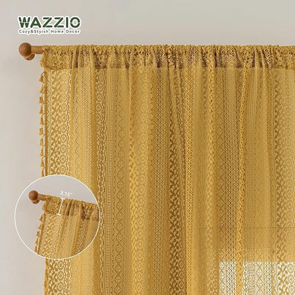 WAZZIO Boho Lace Curtains 63 Inches 2 Panel, Light Filtering Privacy Tassel & - Image 7