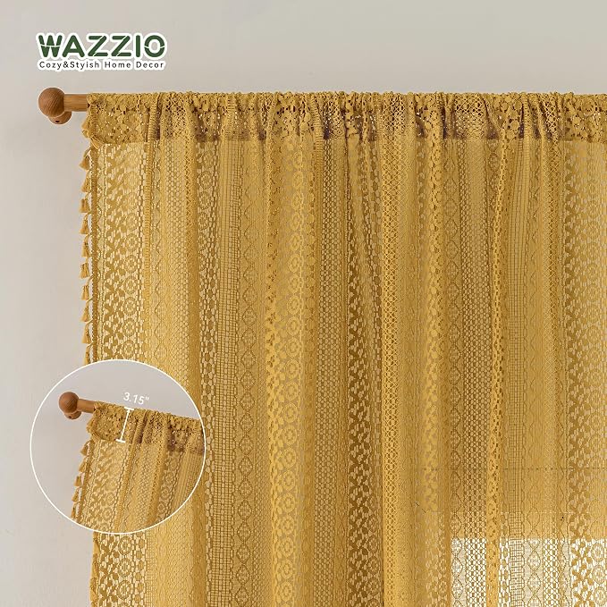 WAZZIO Boho Lace Curtains 84 Inches 2 Panel, Light Filtering Privacy Tassel & - Image 8