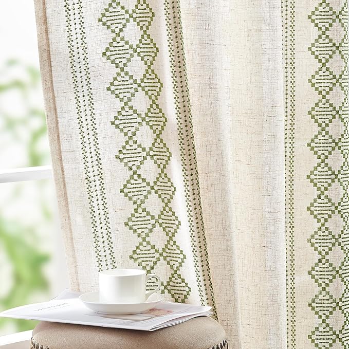 jinchan Floral Linen Curtains Embroidered Back Tab 50x96in 2 Panels Green | by JINCHAN