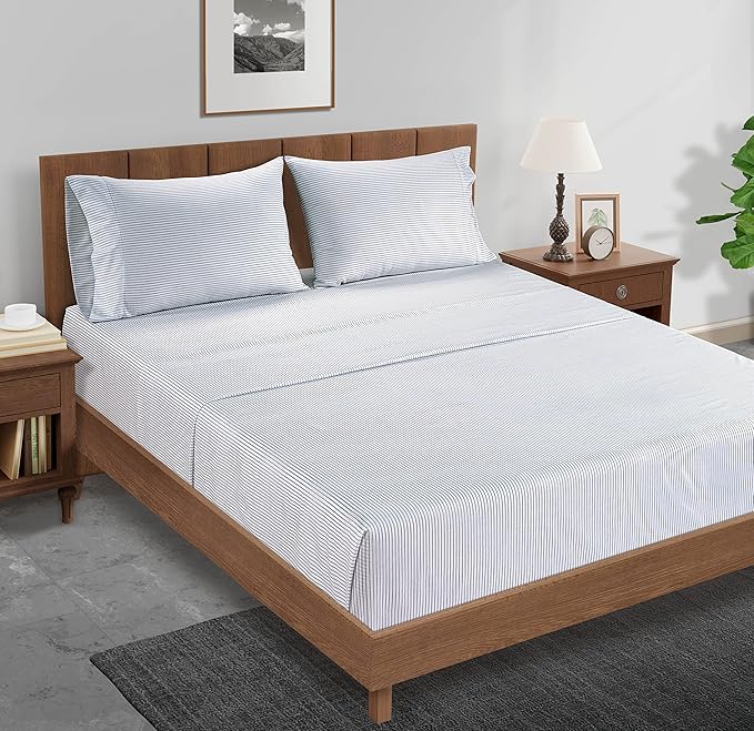 Lane Linen 100% Organic Cotton Pillow Cases Standard Size Set of 2 (20"x26") - Cotton Pillowcases Standard Size - Soft Pillow Cases Set of 2 - Standard Pillowcase Pack of 2 - Ticking Stripe Cobalt