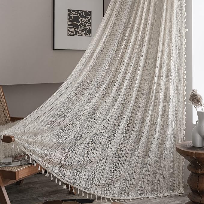 Sutuo Home Crochet Boho Curtain 63 Inches Length, Sheer Lace Handmade Tassels by SutuoHome