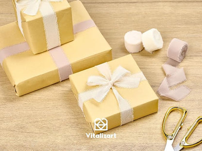 Vitalizart Nude & White Chiffon Silk Ribbon 1" x 21 Yd Handmade Fringe | Frayed - Image 4