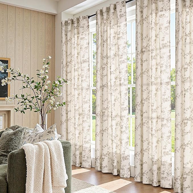 jinchan Taupe Floral Linen Curtains 84 Inch Farmhouse Back Tab 2 Panels | Taupe - Image 5