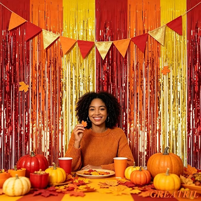Red Orange Gold Foil Fringe Backdrop Curtain - Image 4