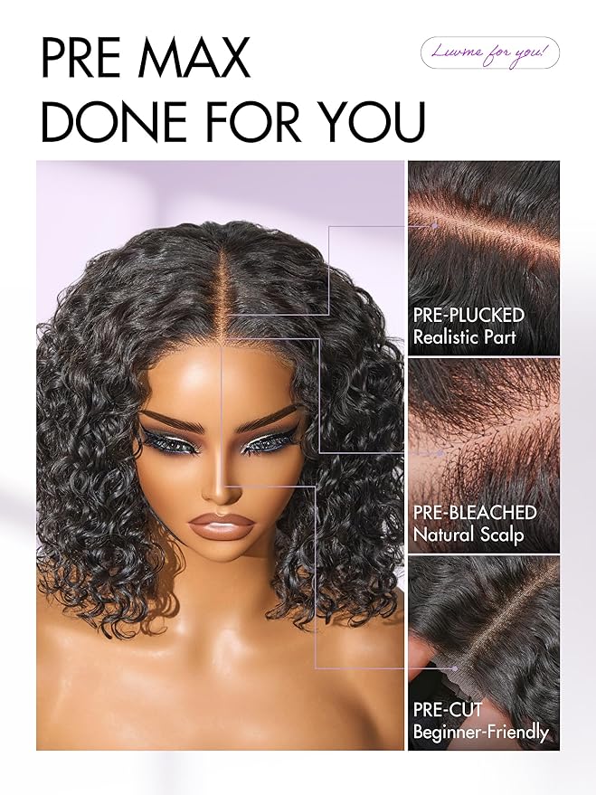 LUVME HAIR 5X5 Deep Curly 10 Inches100% Human Hair Wigs Curly Deep Wave Glueless Lace Front 10 Inches, Pre Cut Plucked Hd Lace Short Wig Ready To Go Natural Color Straight Bleached Knots Black Wigs