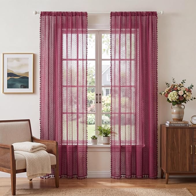 WAZZIO Boho Lace Curtains 84 Inches 2 Panel, Light Filtering Privacy Tassel & - Image 5