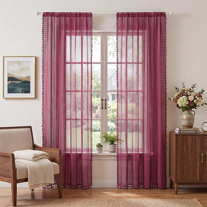 WAZZIO Boho Lace Curtains 63 Inches 2 Panel, Light Filtering Privacy Tassel & - Image 10