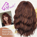 Nnzes Short Wavy Wig with Bangs for Women Shoulder Length Bob Curly Women's Charming Synthetic Natural Wavy Brown highlight Heat Resistant Hair for Daily Party Use