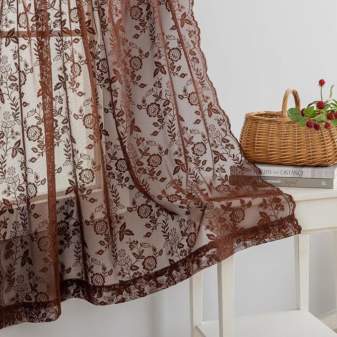 Chestnut Brown Sheer Lace Curtains Leaf Floral W42 x L45 Inch, 2 Panels | Rod - Image 6