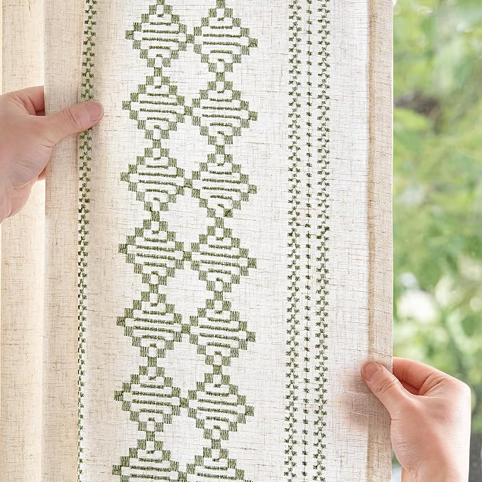 jinchan Floral Linen Curtains Embroidered Back Tab 50x63in 2 Panels Green | - Image 4