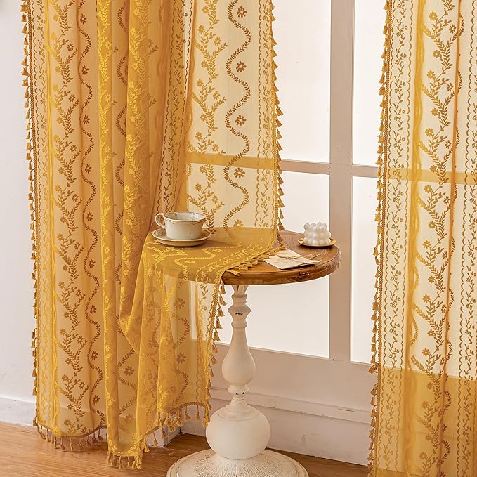 WAZZIO Boho Lace Curtains 2 Panels 84 Inch -Victorian Sheer Panel Drape French - Image 6