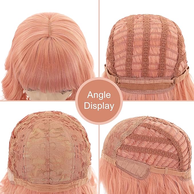 FAELBATY Pink Wigs With Bangs Synthetic Short Bob Wig for Girl Shoulder Length Wig for Women Costume Wigs Mixed Pink(12" Orange Pink)