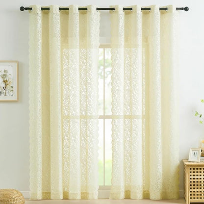 Bujasso Lace Sheer Curtains Ivory Rod Pocket 2 Panels 54" Wx84 L | Vintage by Bujasso