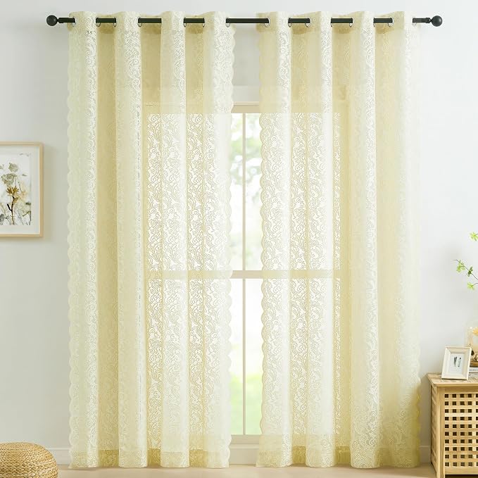 Bujasso Lace Sheer Curtains Ivory Grommet Top 2 Panels 54" Wx84 L | Vintage by Bujasso