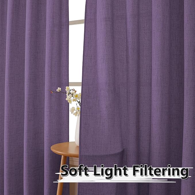 Tollpiz Linen Curtains Living Room Rod Pocket Semi Sheer Curtain Burlap Light - Image 2