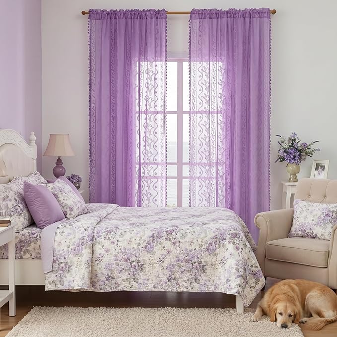 WAZZIO Boho Lace Curtains 84 Inch 2 Panels -Sheer Panel Drape Floral Pattern & - Image 2