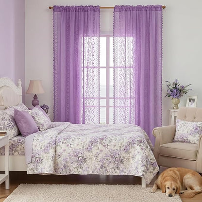 WAZZIO Boho Lace Curtains 84 Inch 2 Panels -Sheer Panel Drape Floral Pattern & - Image 2