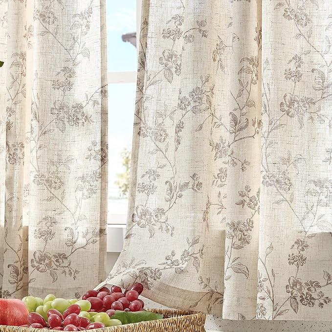 Taupe on Beige Linen Kitchen Curtains Rod Pocket 26W X 36L 2 Panels | Elisa - Image 8
