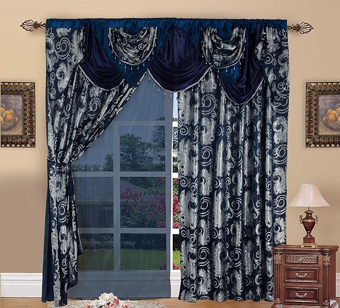 GLORY RUGS Jacquard Luxury Window 2 Panel Set Navy Curtain - Image 3