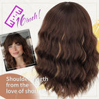 Nnzes Short Wavy Bob Wig with Bangs for Women Shoulder Length Curly Ombre Brown Highlight Synthetic Heat-Resistant Fiber Hair for Daily & Party Use