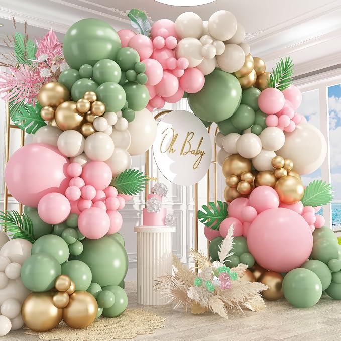 412Pcs Pink and Green Balloon Garland Arch Kit -Different Sizes 18 12 10 5inch by PAXILE