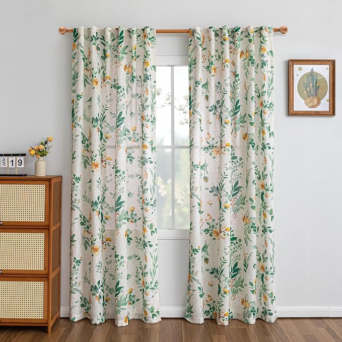 MYSKY HOME Green Floral Curtains 84 Inch Length Linen Blended Farmhouse Curtains - Image 2