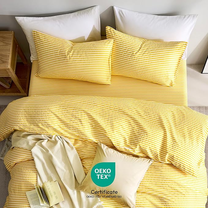 JELLYMONI 100% Natural Cotton Striped King Pillowcases Set, 2 Pack Bright Yellow Stripes Pattern Printed Pillow Covers with Envelope Closure(Pillows are not Included)