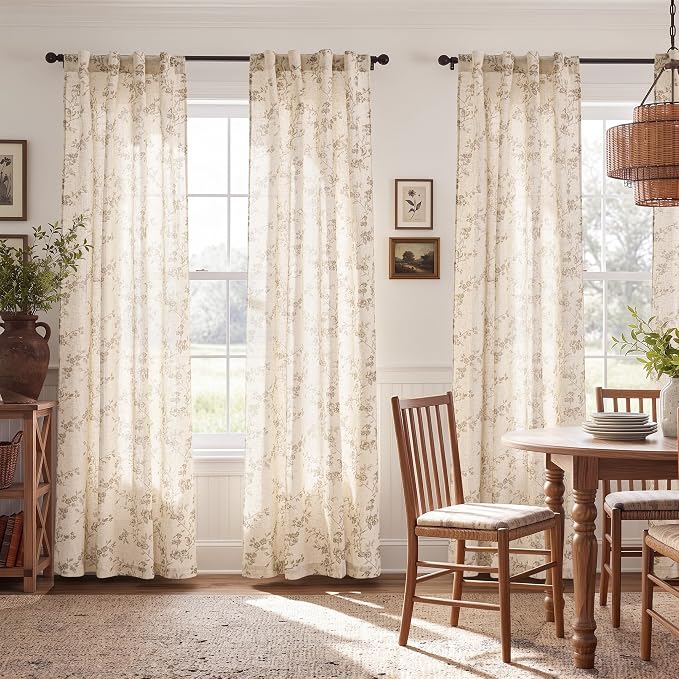 jinchan Taupe Floral Linen Curtains 90 Inch Farmhouse Back Tab 2 Panels | Taupe - Image 3