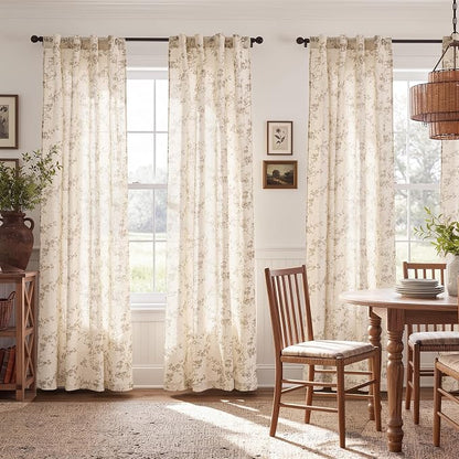 jinchan Taupe Floral Linen Curtains 90 Inch Farmhouse Back Tab 2 Panels | Taupe - Image 3