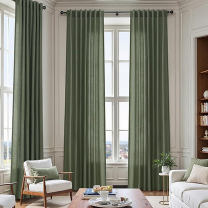 Olive Green Linen Sheer Back Tab Curtains 45 Inch Length Semi Sheer Light - Image 6
