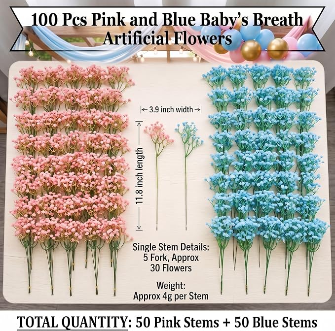 100 Pcs Pink and Blue Baby's Breath Artificial Flowers Bulk Baby Shower - Image 2