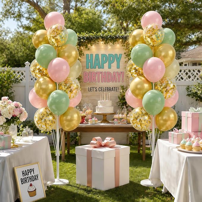 Hiins Sage Green Gold Balloon Stand Kit Set of 2, Base&Pole Decoration - Image 8